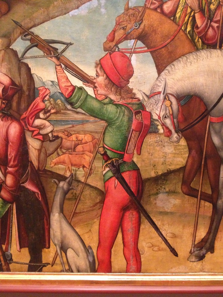 Panel from an alterpiece showing the Shooting of the Bull on Mount Gargano and the Episcopal Procession to Mount Gargano, c.1515, Palaquinos Master, at the Philadelphia Museum of Art